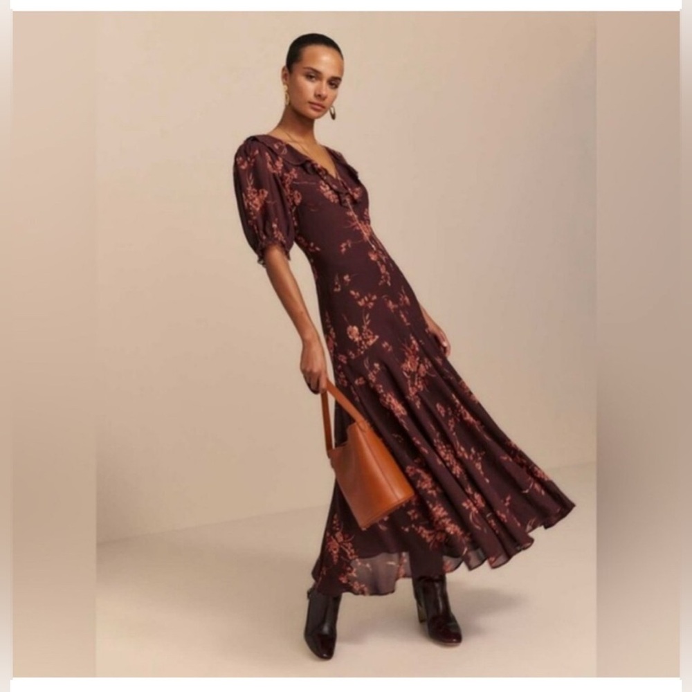 New Reformation Women Brown Long Floral Shorts Sleeve Dress 4 - Picture 4 of 13